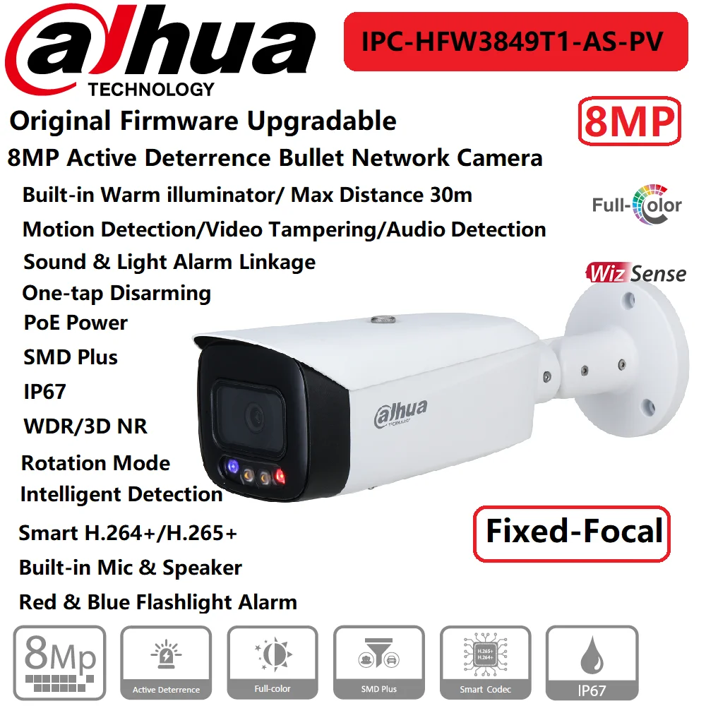 best home security camera IP Camera Dahua 8MP IPC-HFW3849T1-AS-PV Fixed-Focal Bullet WizSense Network Buil-in Mic&Speaker PoE Onvif Protect IP67 Colorful indoor security camera