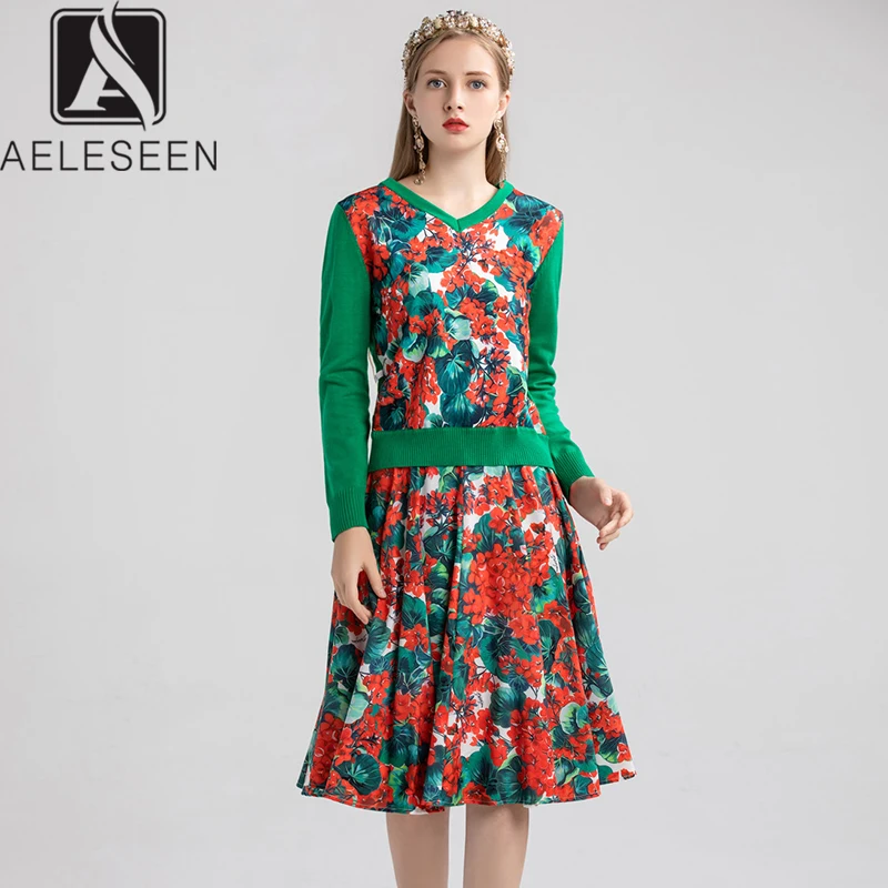 

AELESEEN Sweet Floral Fairy Twinset Women High Quality Knitting Pullover Sweater + Flower Print Midi Skirt Office Lady Sets