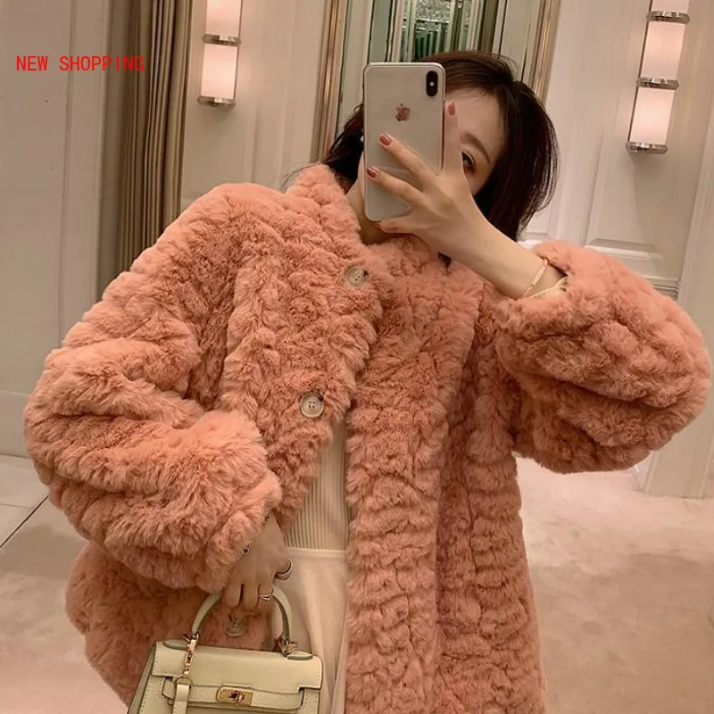 

Luxurious Winter Teddy Bear Coat Faux Wool Fur Jacket Ladies Casual Fake Rabbit Fur Outerwear Soild Turn-down Collar Overcoat