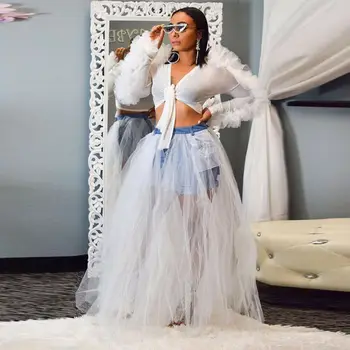 

Fashion Women Mesh Sheer See Through Denim Long Skirts Summer Split Tulle Skirts High Waist Skirt Party Wrap Sweet Skirt 2Colors