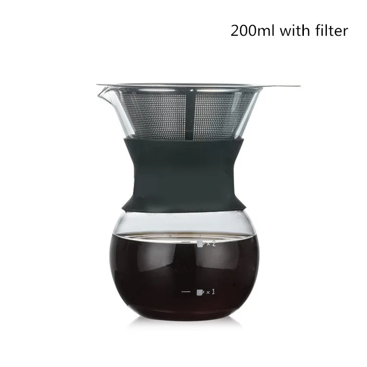 200ml with filter Термостойкий стеклянный кофейник с фильтром из нержавеющей стали ручной влагоотделитель кофе машинка емкость для совместного использования бариста залейте над кофеварка - Цвет: 200ml with filter