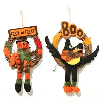 

1pc Trick Or Treat BOO Halloween Wreath Fashion Cute Scarecrow Bird Decor Door Wreath Hanging Ornament For Party Decoration
