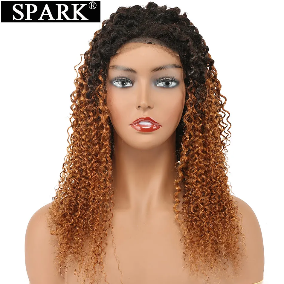 

Spark Ombre Brazilian Kinky Curly 4*4 Lace Frontal Wigs Pre Plucked Hairline Lace Front Human Remy Hair Wigs For Woman