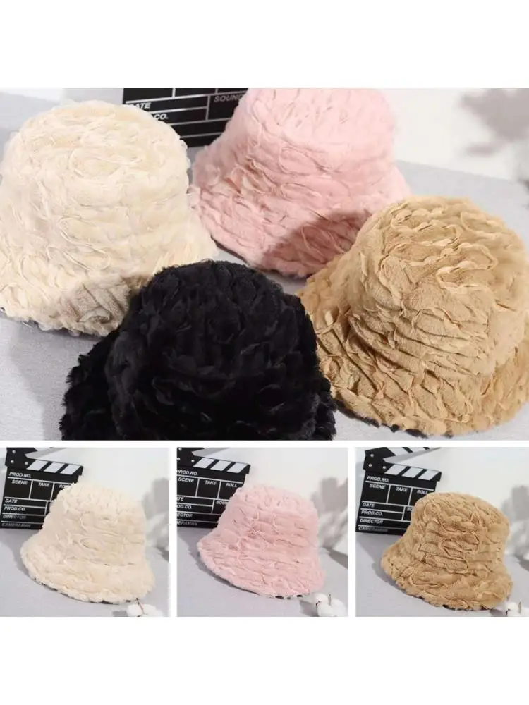 

Women Ruffled Lace Solid Color Bucket Hat Winter Warm Fluffy Plush Fisherman Cap X7XE