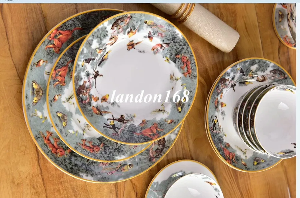 Керамический столовый сервиз 58 шт. набор посуды в западном стиле с изображением тигра, набор посуды, китайские тарелки, Кофейные Наборы