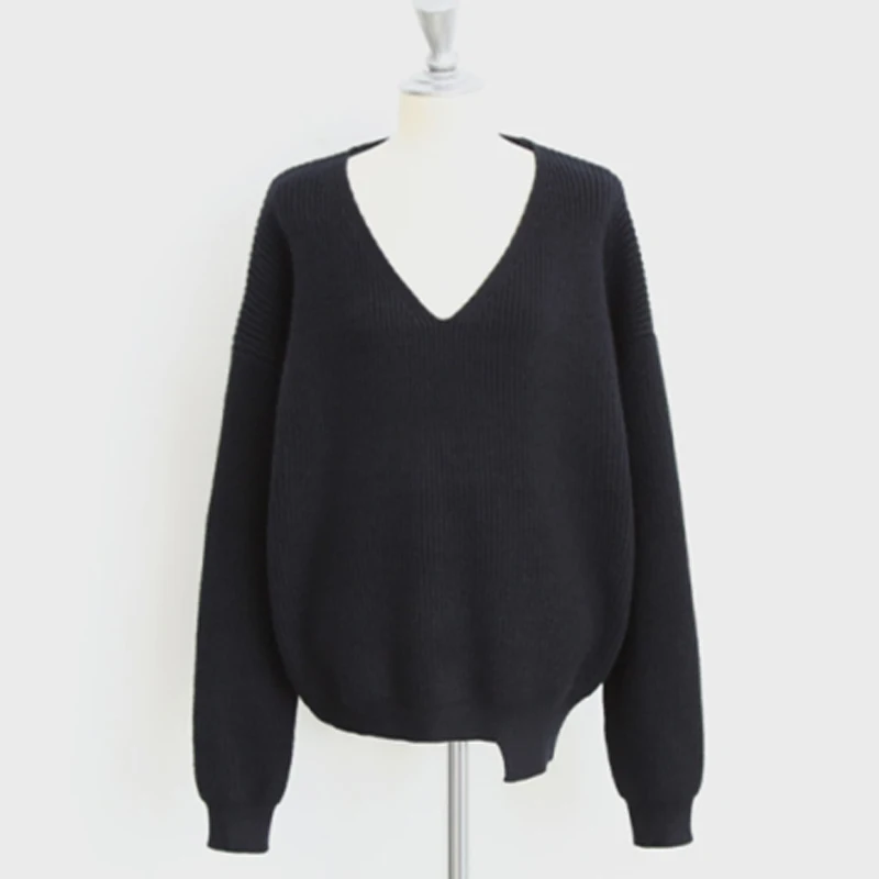 Осенний вязанный Женский пуловер с v-образным вырезом, черный свитер с длинными рукавами, женский свитер, зимний корейский стиль, свободный джемпер, женский - Цвет: Black