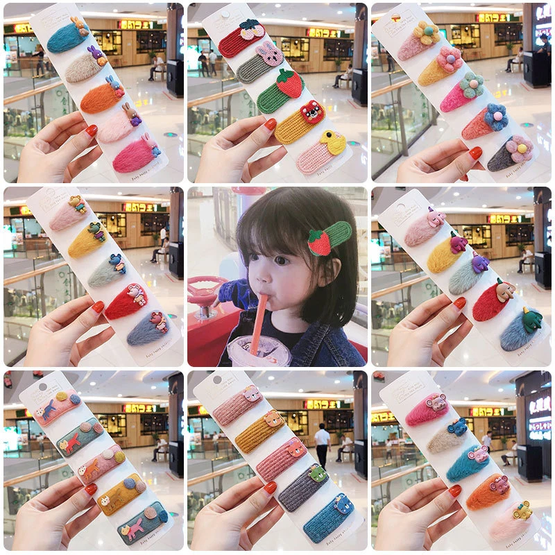 5 Pcs/Lot Cartoon Hair Clips For Girls Crochet Felt Kids Hairpins And Clips Geometric Leopard Print Hair Clips Girls Plush Cute