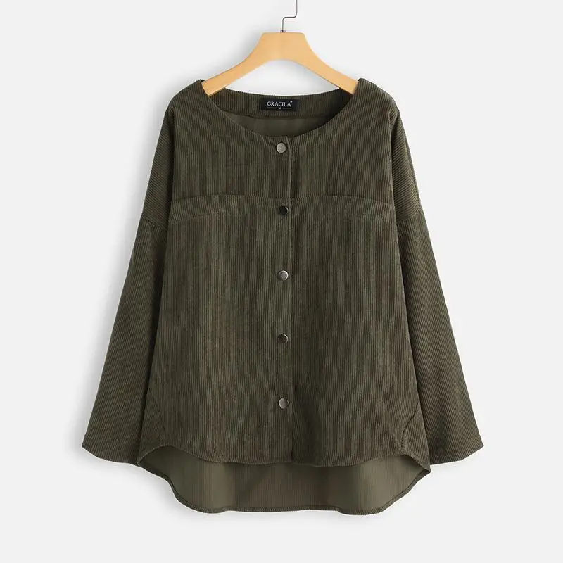 Kaftan вельветовые куртки женские тонкие пальто весенние повседневные блузы с круглым вырезом Женские рубашки на пуговицах негабаритные однотонные туники - Цвет: Зеленый