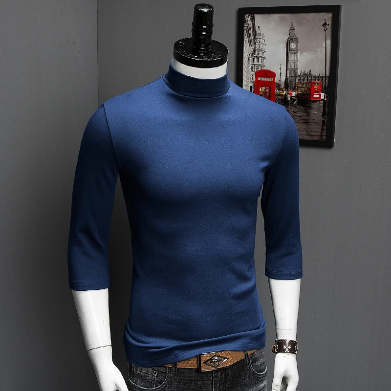 

Men Mercerized Cotton Three Quarter Sleeve T-shirt Modal Half High Collar Solid Color Tshirt Autumn Fashion Tops