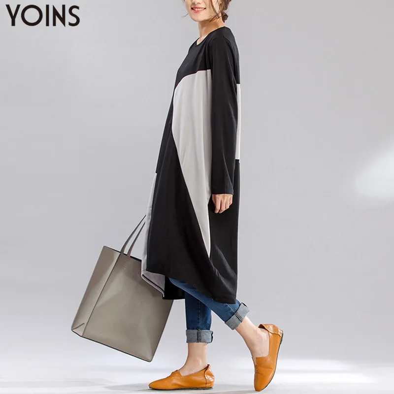 Винтажное платье Кафтан YOINS с круглым вырезом и длинным рукавом свободное