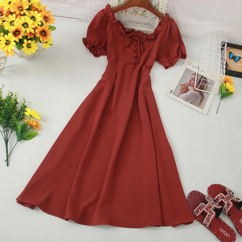 Women Summer Slash Neck Puff Sleeve Vintage Dress High Waist Bow Tie Up Ruffles Midi Female Black A-line | Женская одежда