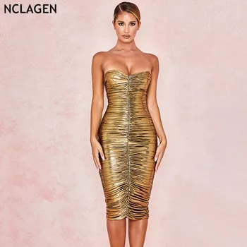 

NCLAGEN 2019 Ladies Sexy Pleated Skinny Strapless Dress Party Night Club Golden Bodycon Women Backless Faux Leather Dresses
