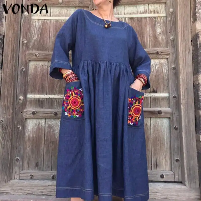 VONDA, Повседневное платье с круглым вырезом, женские летние вечерние платья с рукавом 3/4, одноцветные платья, богемный сарафан, S-5XL, мешковатый подол, пляжные платья