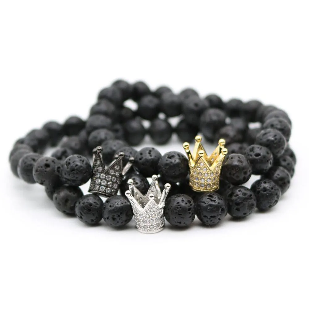 

Natural Lava Volcanic Rock Micro Pave Zircon Crown Energy Bracelets Stainless Steel Crown Elastic String Braided Bracelet