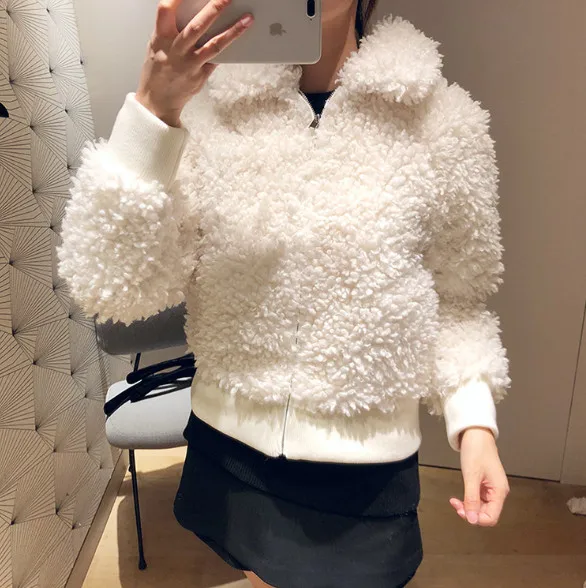 

Loose Jacket Women Lamb Jacket Sweet White Turn Down Collar Zip Coat Female Jacket Fashion Coat