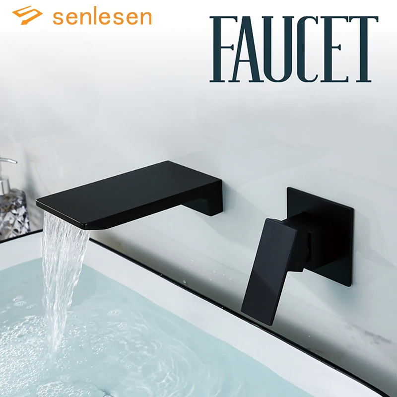Senlesen Black Bathroom Waterfall Basin Faucet Brass Wall Mounted Tap Single Handle Chrome Vanity Sink Mixer Washing | Обустройство