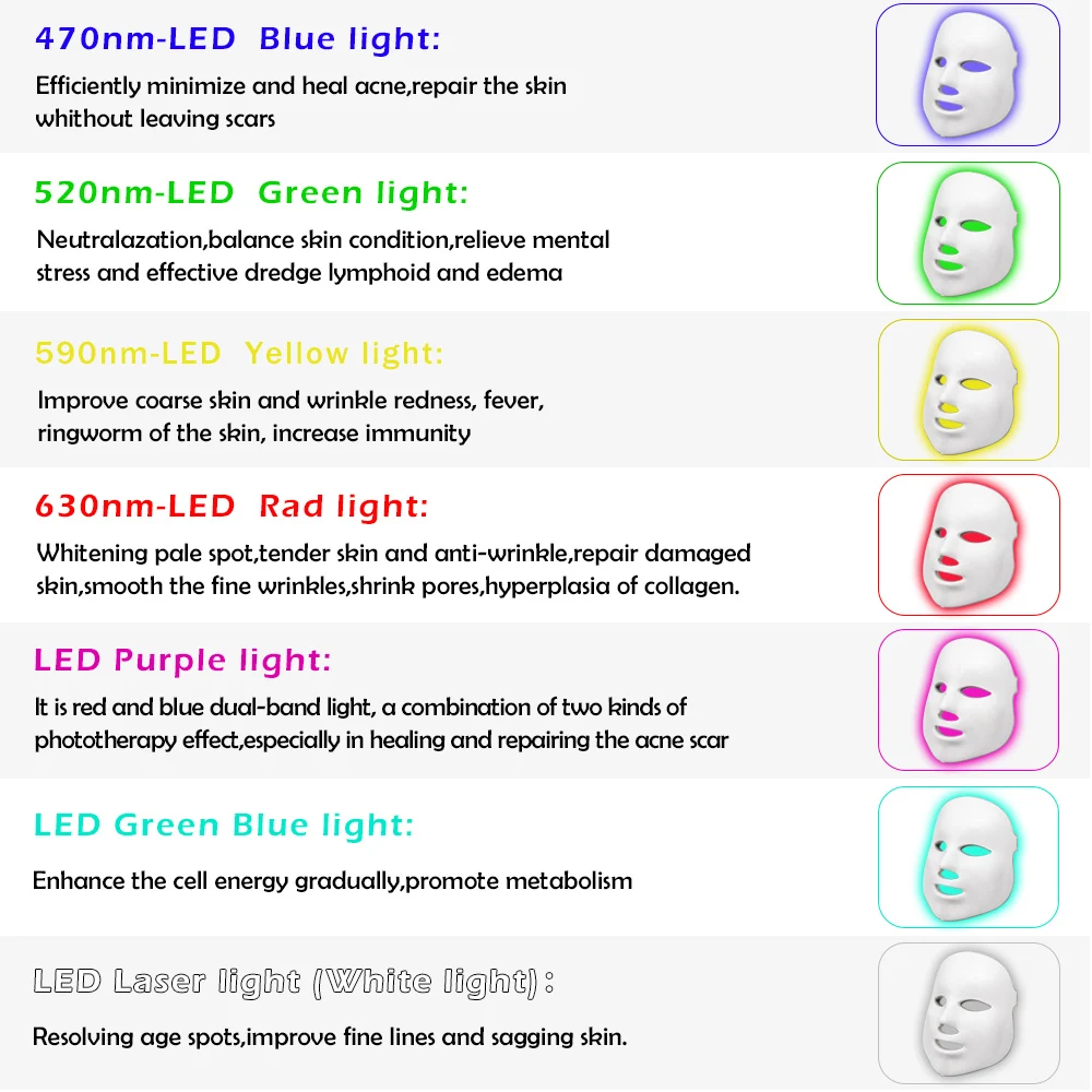 Beauty Photon LED Facial Mask Therapy 7 Colors Light Skin Care Rejuvenation Wrinkle Acne Removal Face Beauty Spa Face Masks