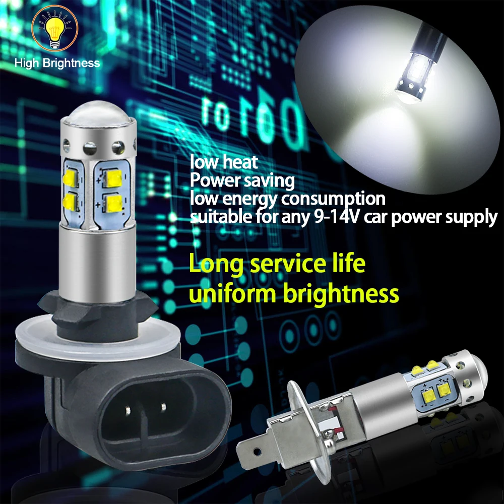 2pcs Headlight Bulb H1 H3 H27/880/881Canbus NO Error LED Chip Auto Car Fog Driving Day Lights Lamp DC12V White