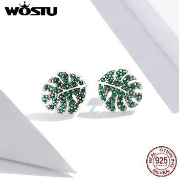 

WOSTU 2020 Fashion Luxury Crystal 925 sterling silver Stud Earrings Palm Leaves Design Earring For Women Girl Ear Jewelry Gift