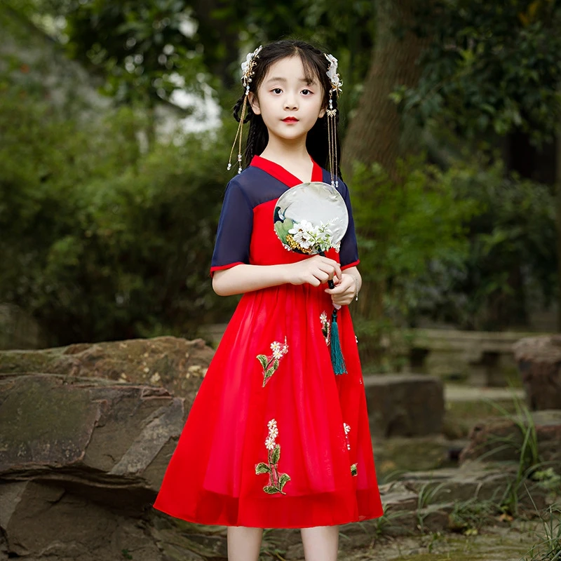 Hanfu/красное шифоновое летнее платье для девочек; оригинальное улучшенное платье для девочек в стиле ретро и китайском стиле; осеннее платье для фотосессии в национальном стиле