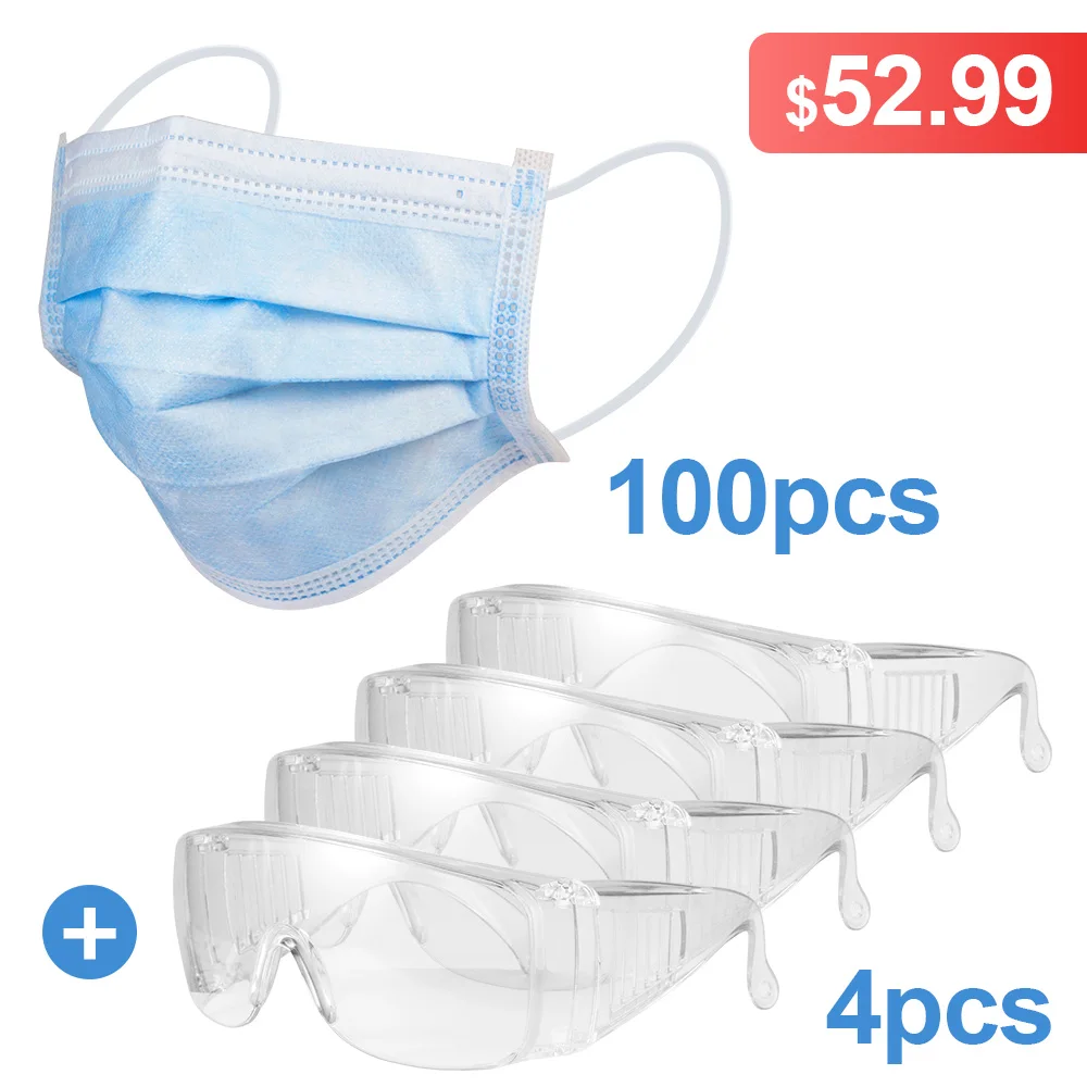 

Ear-loop Mask 3 Layer Dust-proof Safe Mouth Disposable Mask Protective Goggle Safety Goggles Eyes Mask For Comprehensive Protect