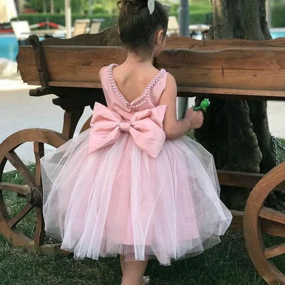 

New Pink Flower Girl Dresses for Wedding Princess Birthday Dress Knee Length Tulle Pearls Kids Christmas Party Gown 1-12Y