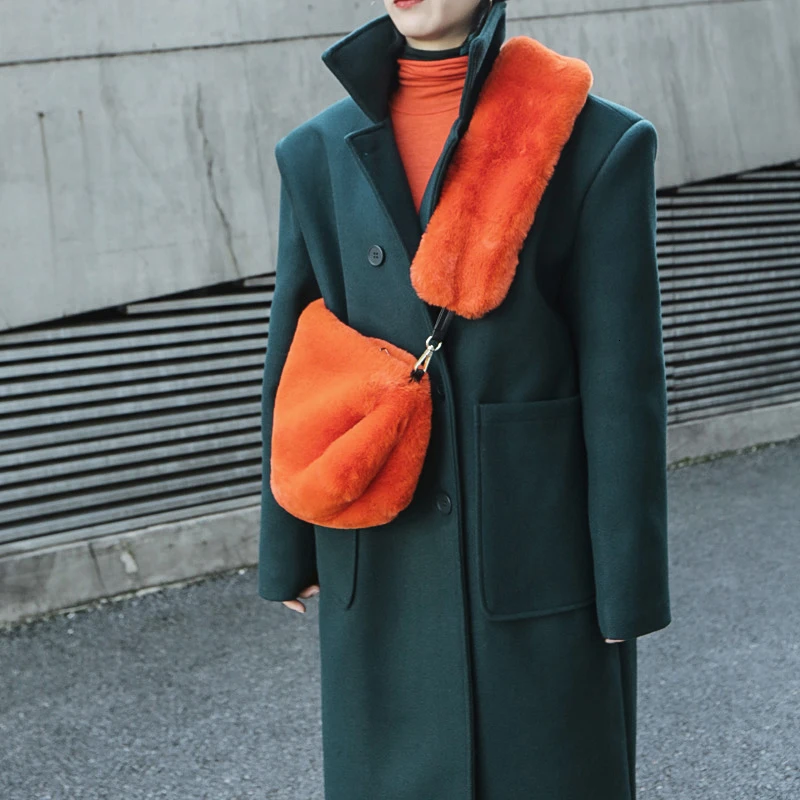 [EAM] Women New Fur Mini-bag Two Ways Wear Orange Personality Accessories Fashion Tide All-match Spring Autumn 19A-a811