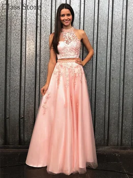

Flush Pink Prom Dress Applique Two Pieces A-line Halter Beading Tulle Elegant Sleeveless Illusion Evening Dress