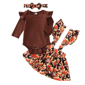 

Baby Autumn Clothing Kid Girls Thanksgiving Turkey Top Romper Suspender Skirt Headband Outfit Set Party Baby Clothing Set