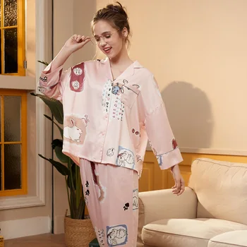 

New Arrival Girl Student Long Sleeve Lapel Cartoon Cute Rabbit Printing Silk Button Top And Pants Pajamas 2pic Weekend Homewear
