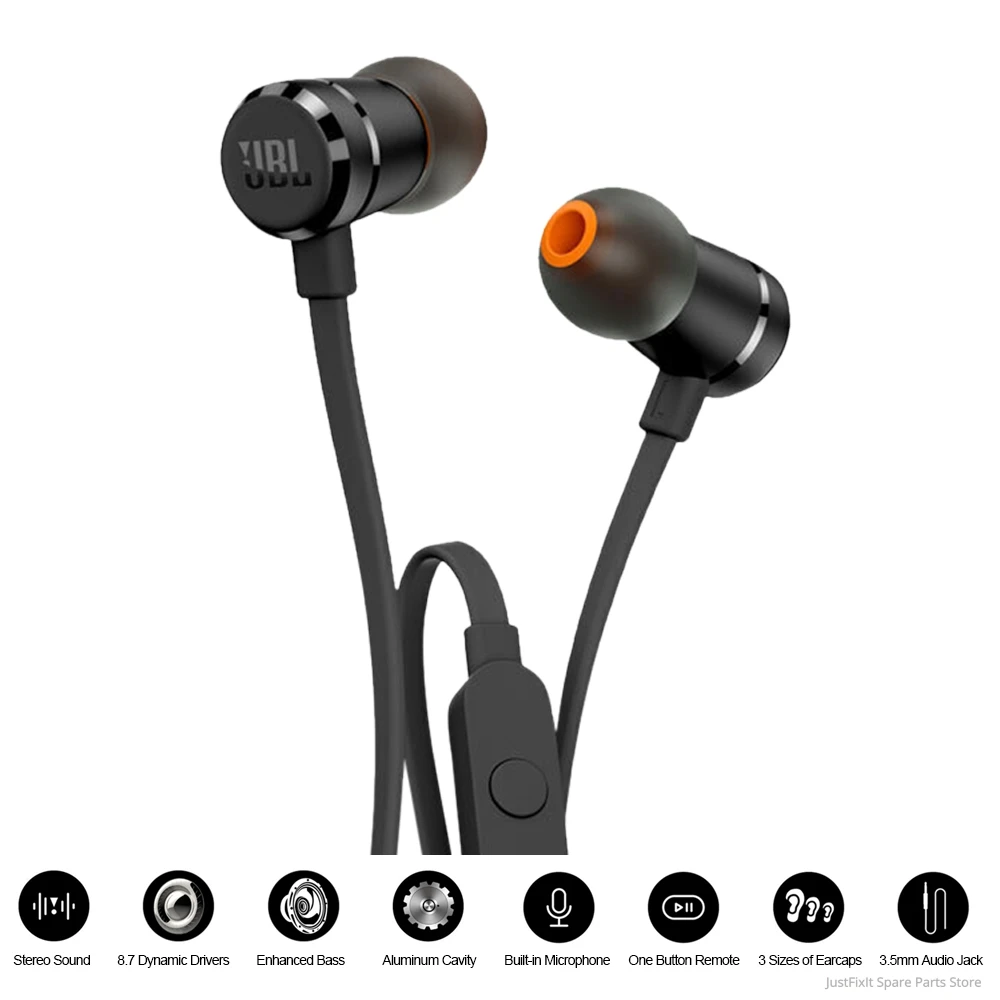 JBL T290 Wired Stereo Earphone Sport Pure Bass Headset TUNE 290 1 Button Remote Earbuds Hands free Call with Mic for Smartphones