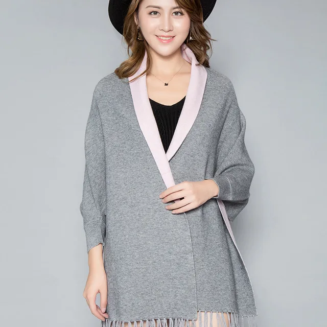 gray pink Женские зимние Новые однотонные шали oncho с рукавами, шали, женские пашмины, шаль, утолщенный шарф, палантины, теплые женские пончо и накидки - Цвет: gray pink