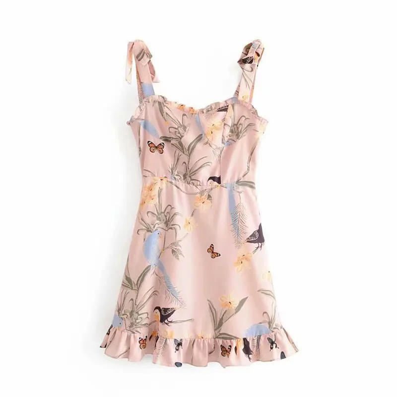 

Europe And America 2019 Summer New Style Slim Fit Slimming French Non-mainstream Vintage Printed Frilled Lace-up Dress Short Ski