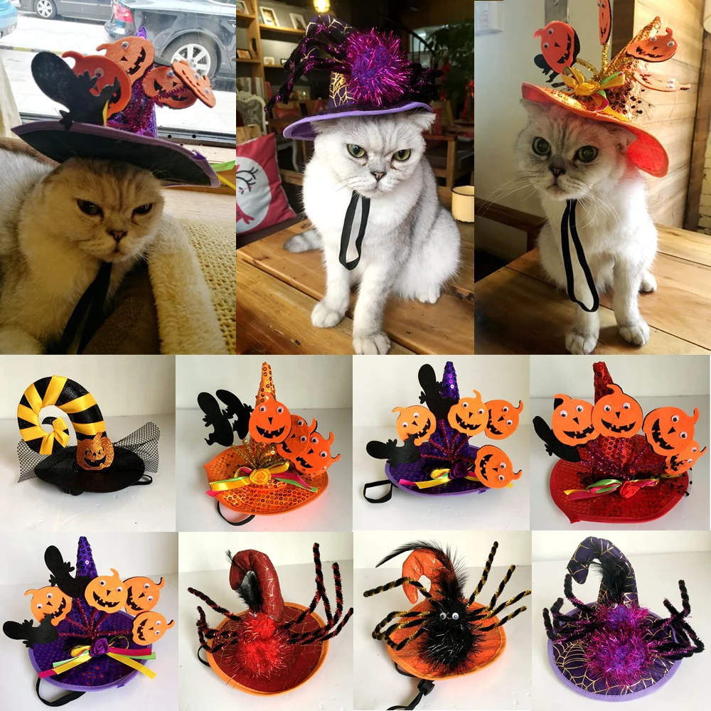 Dog Caps 18CM Pumpkin Halloween Pet Hat Pet Costumes Spider Hat Dog Cat Witch Wizard Hat for Halloween Parties Pet Products