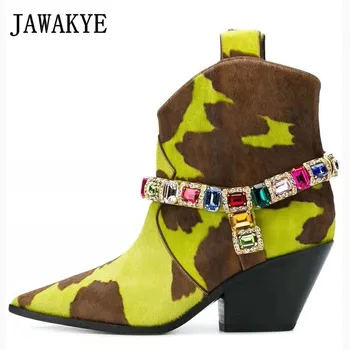 

New Gemstone Chain Rhinestone Ankle Boots Women black green Horse hair Chunky high heels Brand Winter Chelsea Boots knight boots