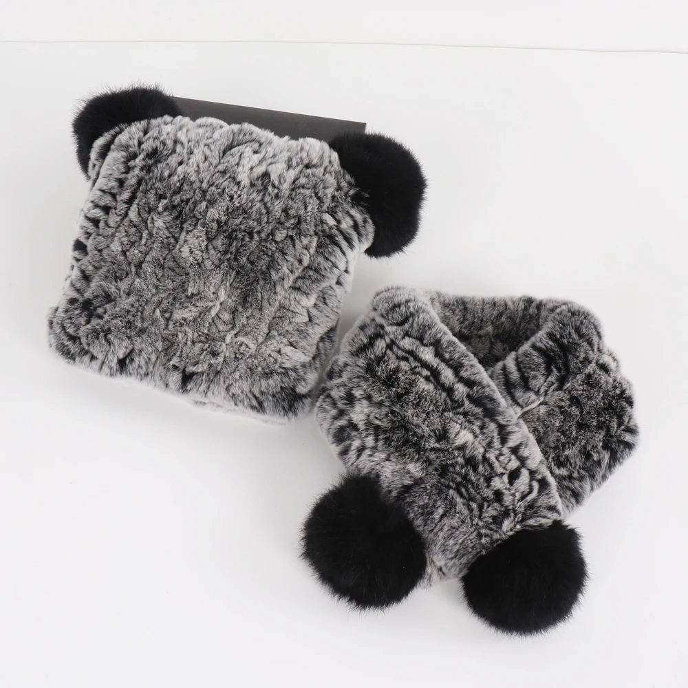 Winter Children Real Rex Rabbit Fur Scarf Hat Sets Knit Warm Child Natural Fur Scarves Hats Good Elastic Kid Real Caps