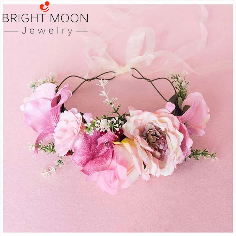 Bright moonFashion Photography Colour Flower Crown Wedding Flower Crown Women Elastic Headband Flower Boho Bride Crown