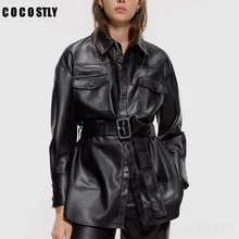 Faux Leather Coats Women Fashion Slim PU Jackets Women Elegant Tie Belt Waist Pockets Buttons Coats Female Ladies
