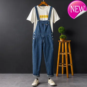 

stripe printed Men's blue denim bib overalls Suspenders jumpsuits Coveralls Youth jeans