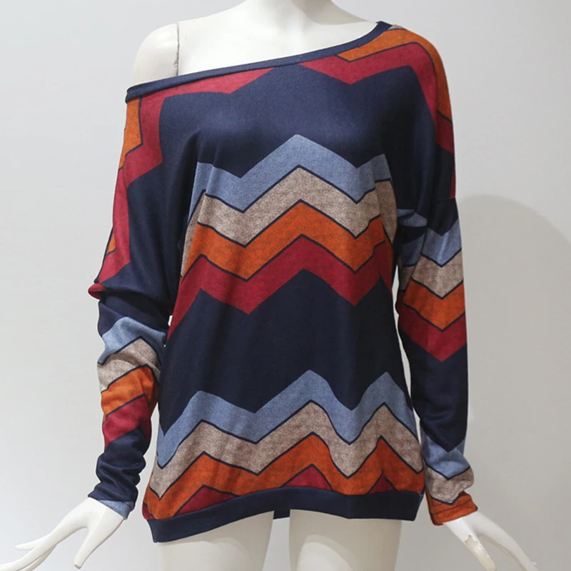 Autumn Winter Women T Shirts Geometric Long Sleeve Tee Shirt Top Sexy One Shoulder Female Plus Size Streetwear Ladies
