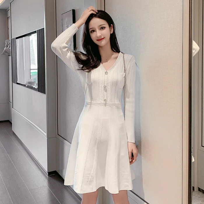 

2019 Jersey Dress Autumn And Winter New Style Hepburn Wind Waist Hugging Slim Fit Slimming Elegant Sexy V-neck Hollow out A- lin