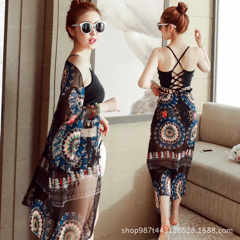

2018 New Style Bathing Suit Hot Springs Three-piece Set Small Bust Gathering Swimwear Flat Chest Conservative Korean-style Veils