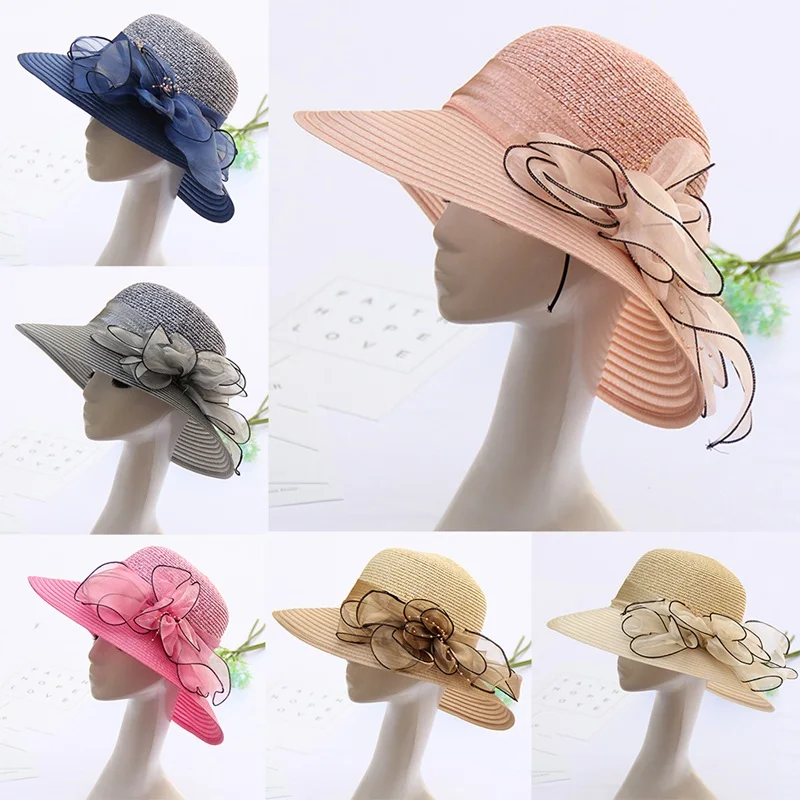 Pretty Fashion Women Church Hat Summer Big Flower Straw Wide Brim Hat Wedding Derby Beach Sun Hat Women Hat Caps