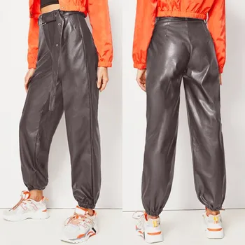 

Fashion Overalls Trousers Women's PU Leahter Pants 2020 ZANZEA Casual Belt High Waist Pantalon Feamle Solid Turnip Plus Size