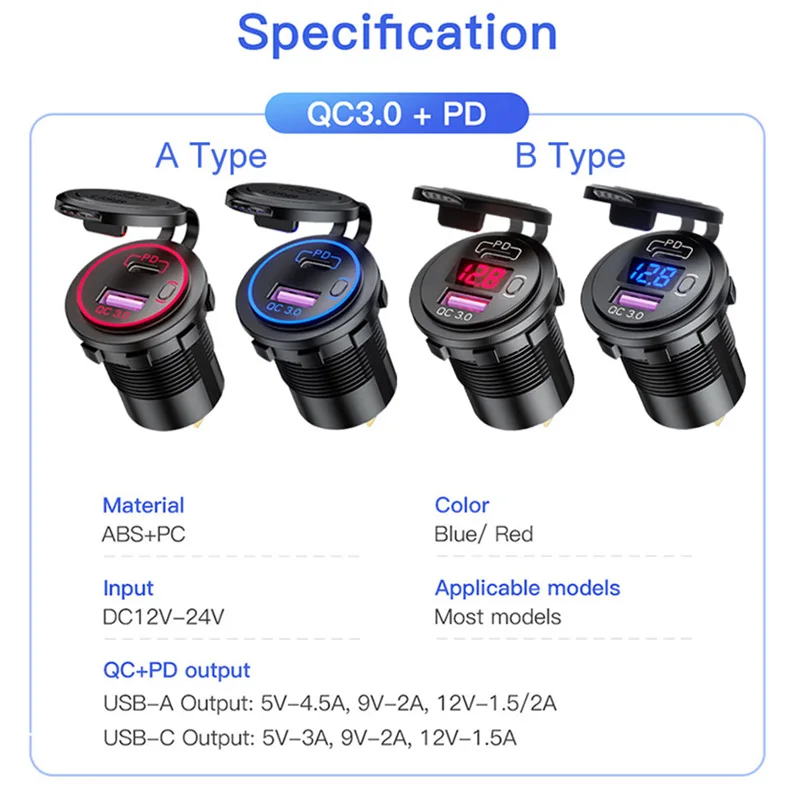 12V-24V ڵ    USB/PD QC3.0 ڵ  LED  ÷ USB-C  ON-OFF ġ 