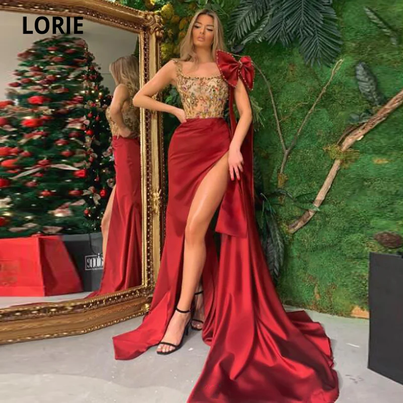 

LORIE Arabic Evening Dresses Beaded Red and Gold High Side Split Satin Mermaid Prom Gown With Bow Formal Celebrity Party Dress