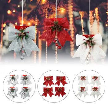 

4PCS White Silver Red Pretty Bow Tie Christmas Tree Decoration Xmas Ribbon Bows Festival Pendant Home Bowknots Baubles 35% off