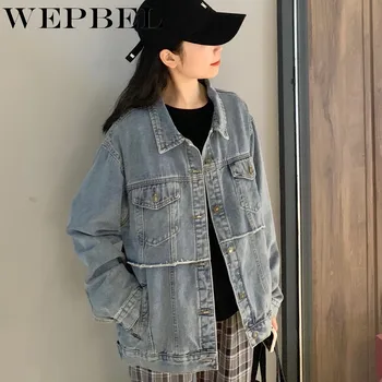 

WEPBEL Vintage Women Jacket Autumn Winter Denim Coat Turn-down Collar Patchwork Long Sleeve Outwear