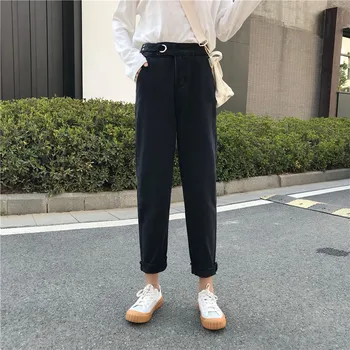 

Belt Button Black Denim Jeans Women Vintage Long Wide Leg Pants High Waist Boyfriend Trousers Korean Straight Plus Size New Y523