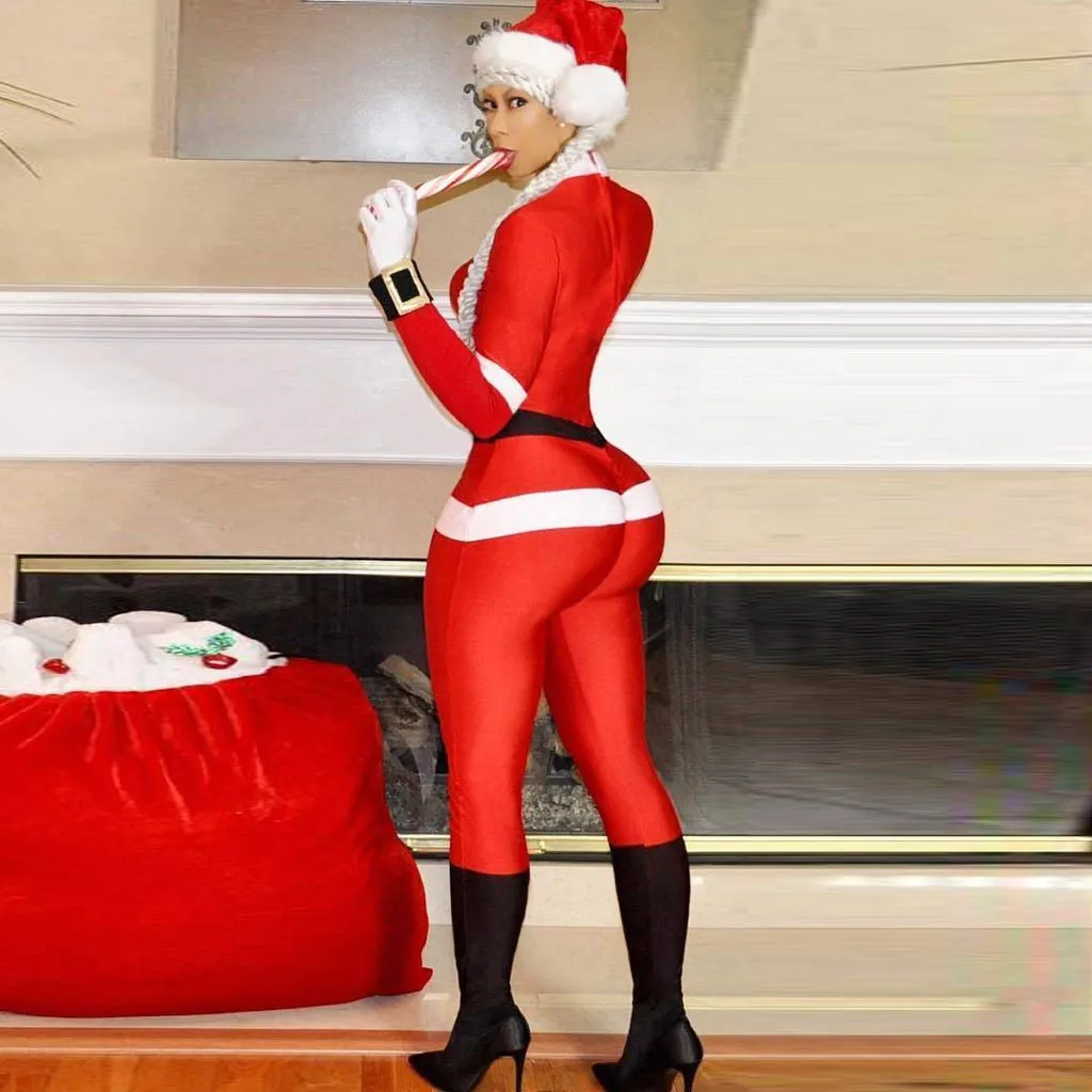 Новинка, зимний женский комбинезон в рождественском стиле, рождественский Топ с длинным рукавом, Рождественская шапка, комбинезон Санта Клауса, комбинезоны# C9